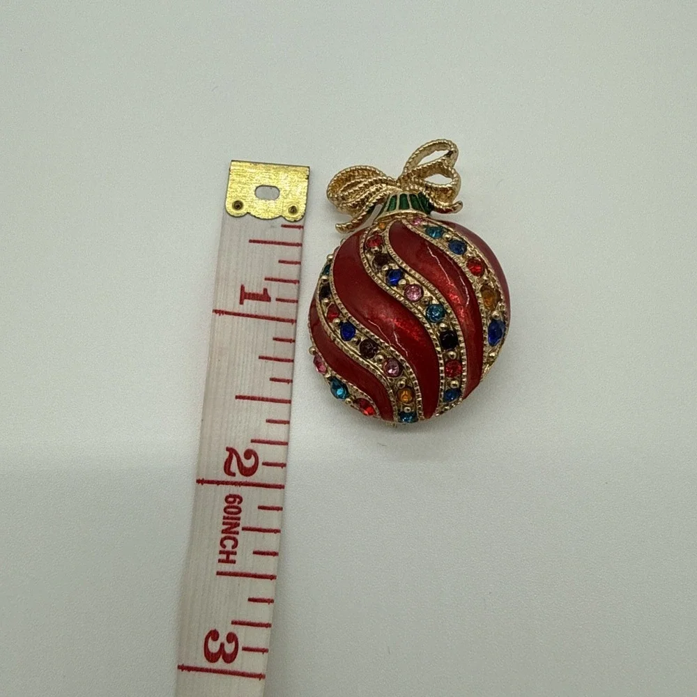 Christmas Ornament Brooch‎ Vintage Enameled Red Bow